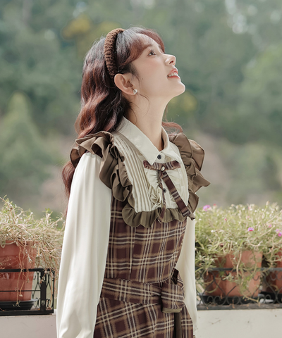 ピンタックブラウスドッキングチェック柄ワンピース