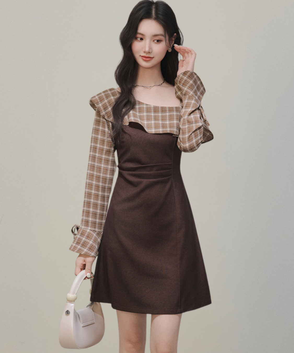 ワンショルダーチェック柄フリルワンピース