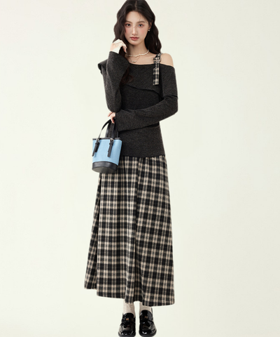 アシンメトリーボートネックトップス＋チェックフレアスカート 2点セット