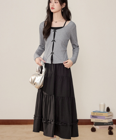 リボンフェイクレイヤードトップス＋ティアードフリルスカート 2点セット