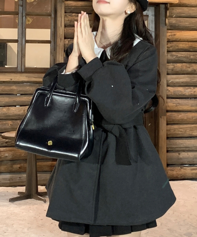 ノーカラーウエストリボンショートコート