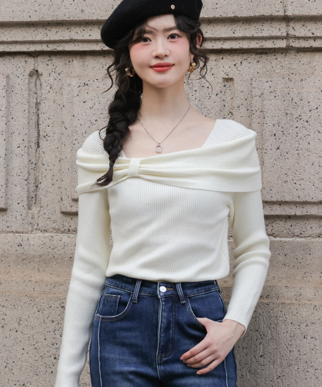 オフショルダービッグリボン風リブトップス