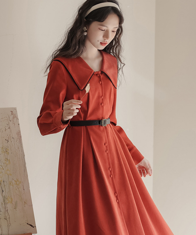 配色セーラーカラーフロントボタンフレアワンピース