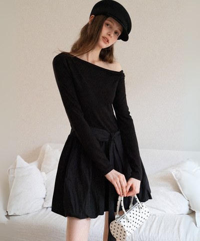 アシンメトリーネックバルーンスカートミニワンピース