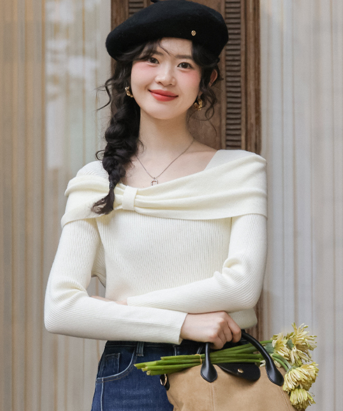 オフショルダービッグリボン風リブトップス