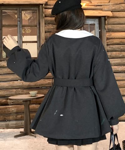 ノーカラーウエストリボンショートコート