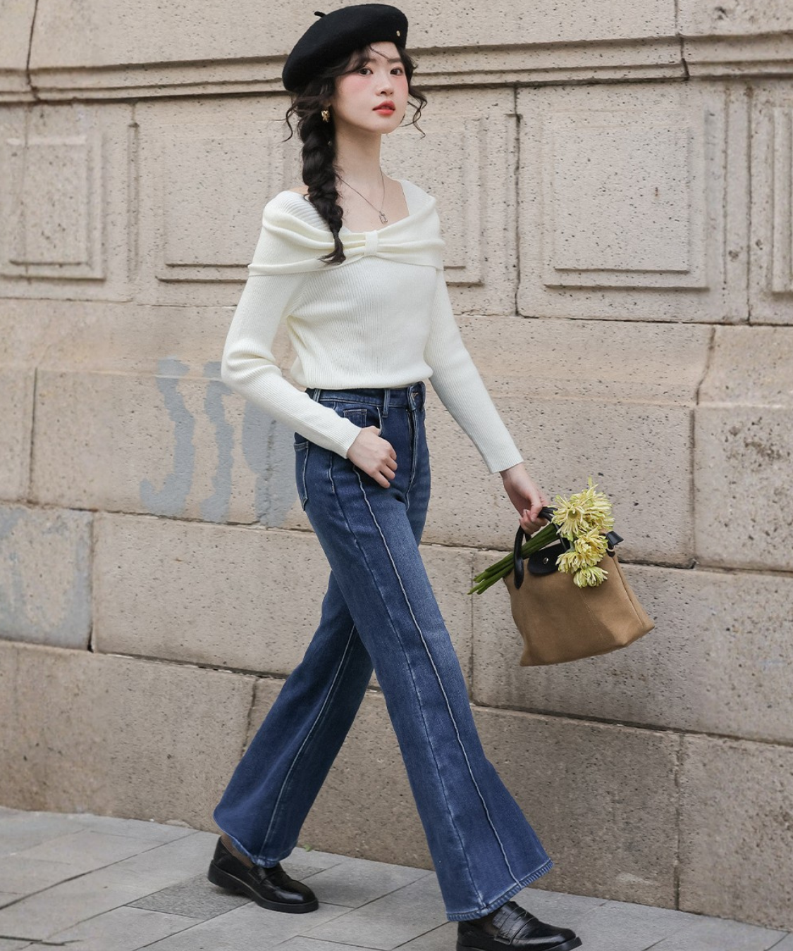 オフショルダービッグリボン風リブトップス