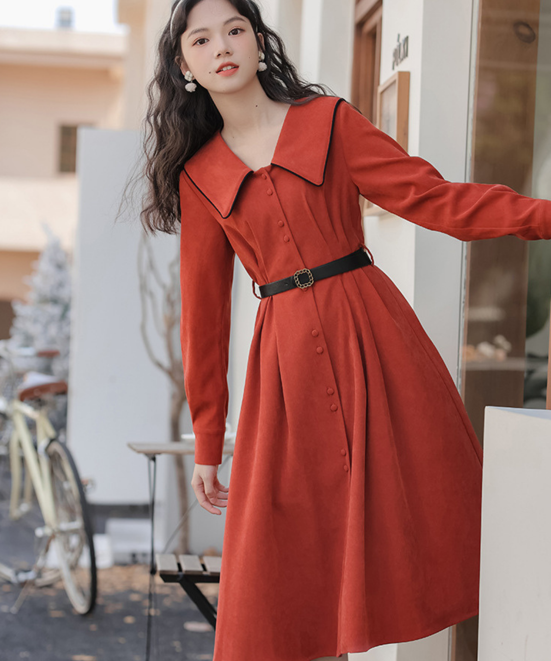 配色セーラーカラーフロントボタンフレアワンピース