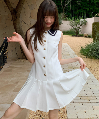 配色ニット襟ボックスプリーツノースリーブワンピース