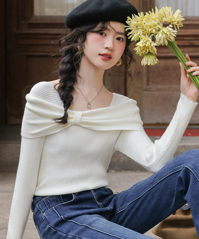 オフショルダービッグリボン風リブトップス