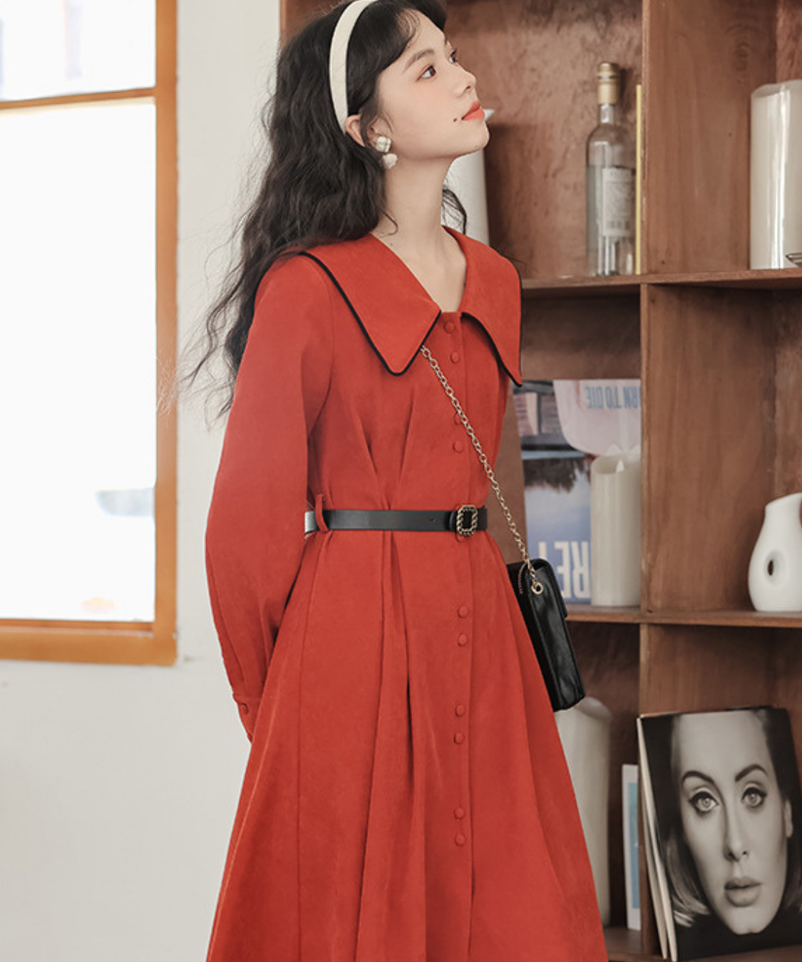 配色セーラーカラーフロントボタンフレアワンピース