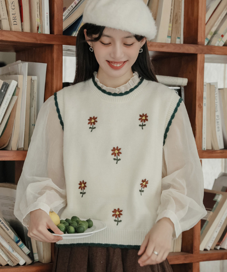 フラワー刺繍ベスト＋シースルートップス2点セット – jemiremi