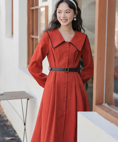 配色セーラーカラーフロントボタンフレアワンピース