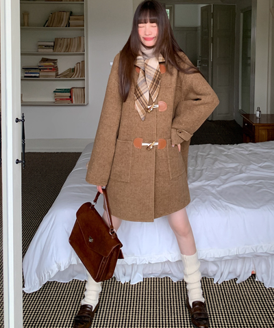 無地×チェックリバーシブルダッフルコート