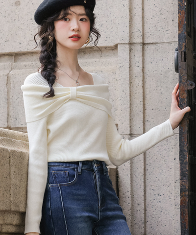 オフショルダービッグリボン風リブトップス