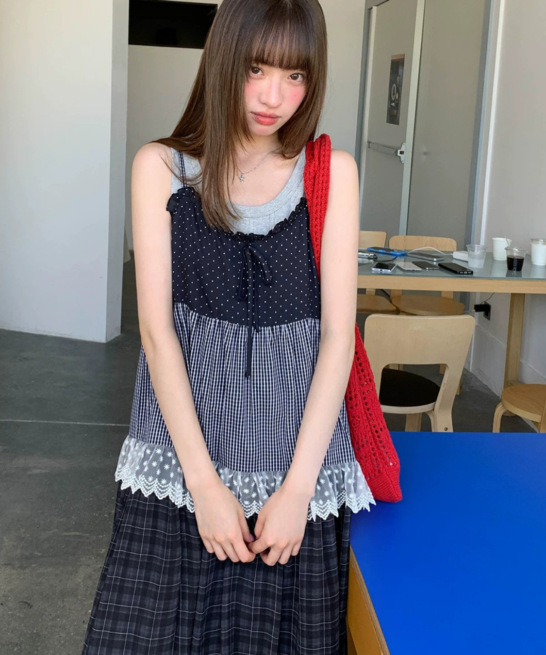 ドット×チェック柄切り替えロングキャミワンピース – jemiremi