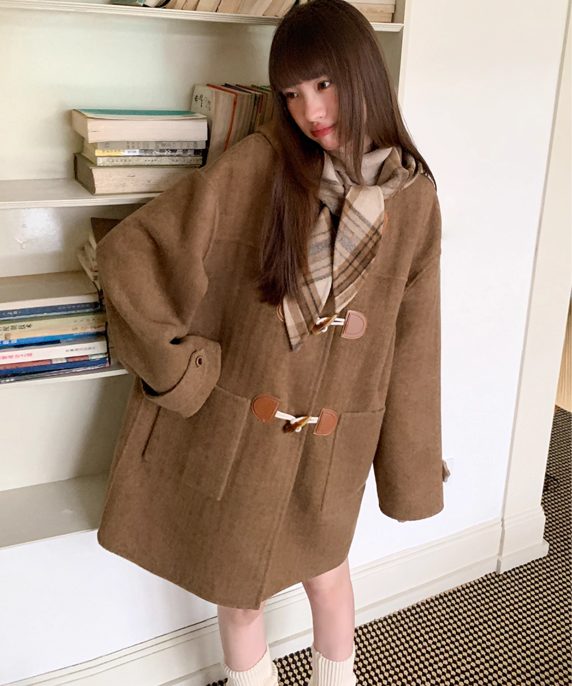 無地×チェックリバーシブルダッフルコート