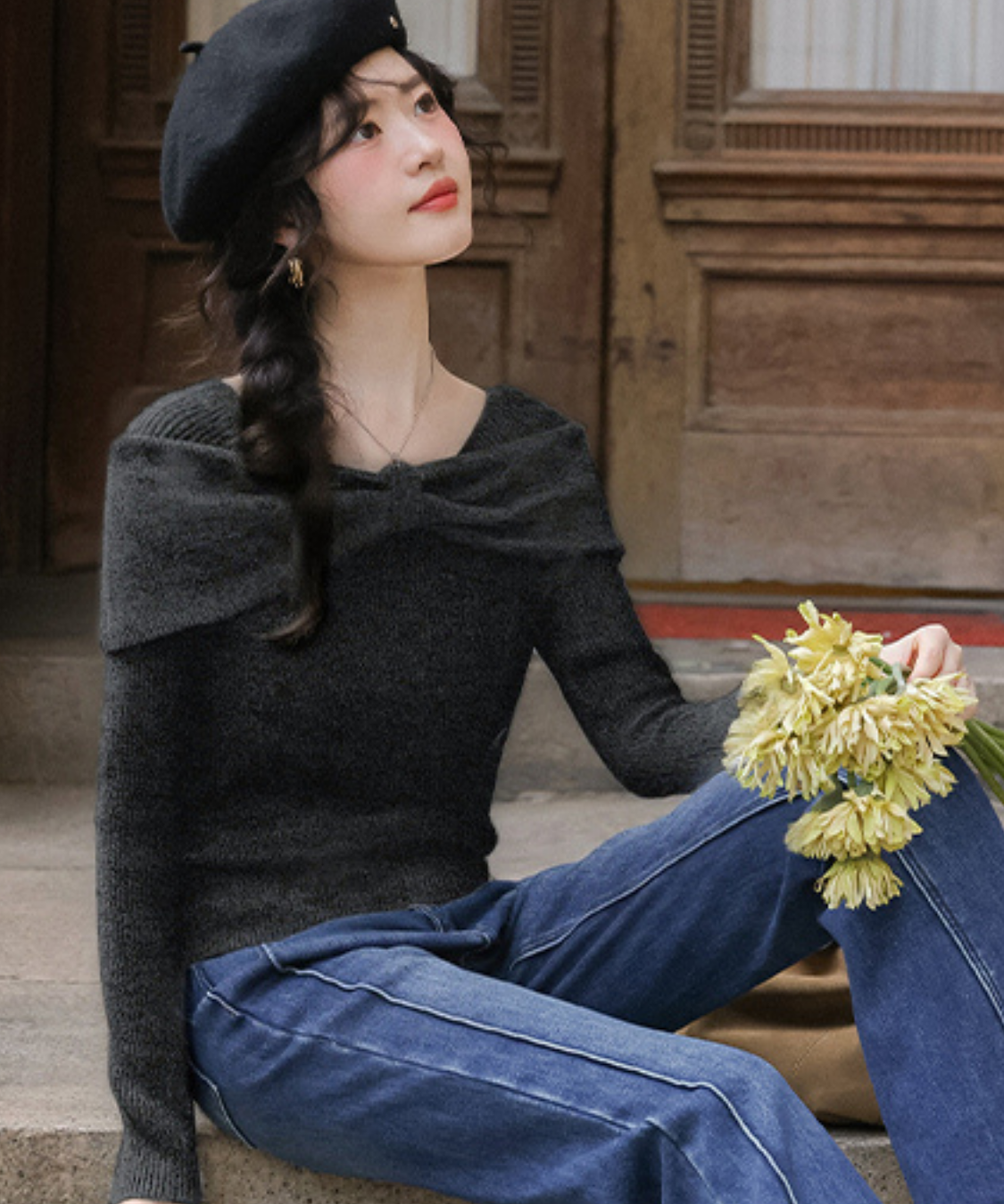 オフショルダービッグリボン風リブトップス