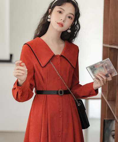 配色セーラーカラーフロントボタンフレアワンピース