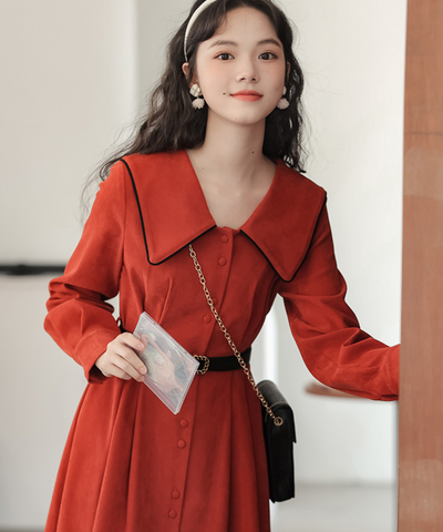 配色セーラーカラーフロントボタンフレアワンピース