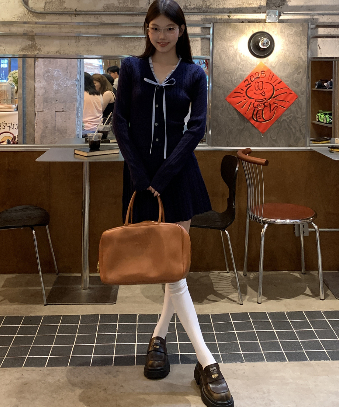 配色リボンVネックリブニット＋プリーツミニスカート 2点セット