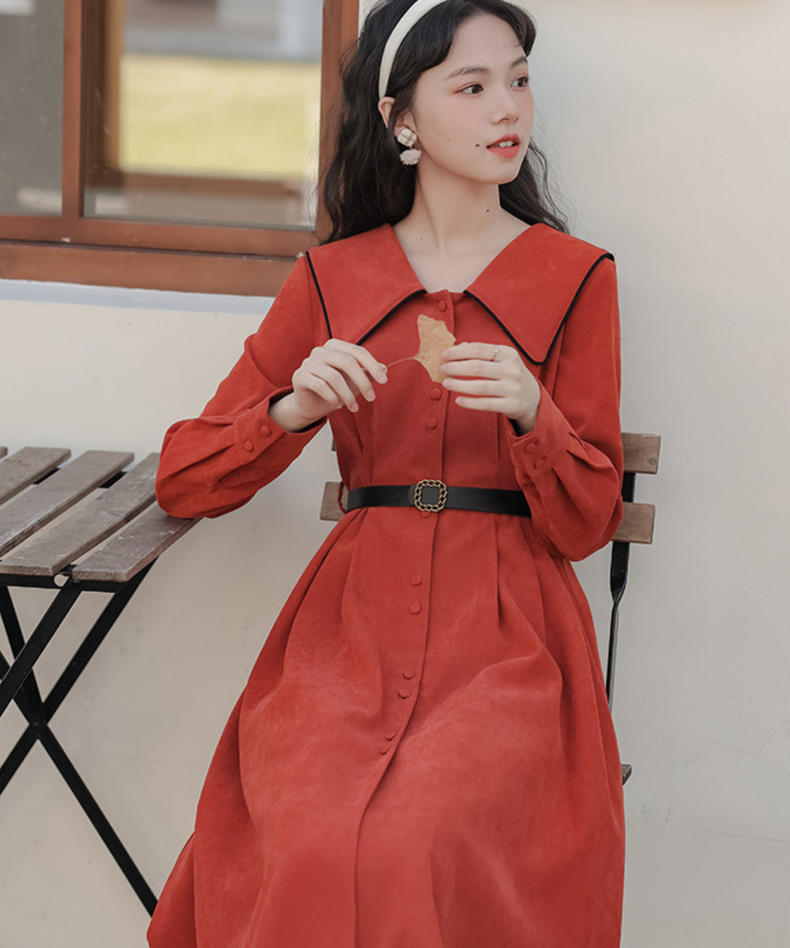 配色セーラーカラーフロントボタンフレアワンピース