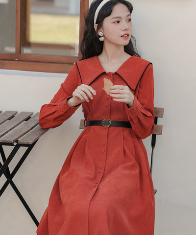 配色セーラーカラーフロントボタンフレアワンピース