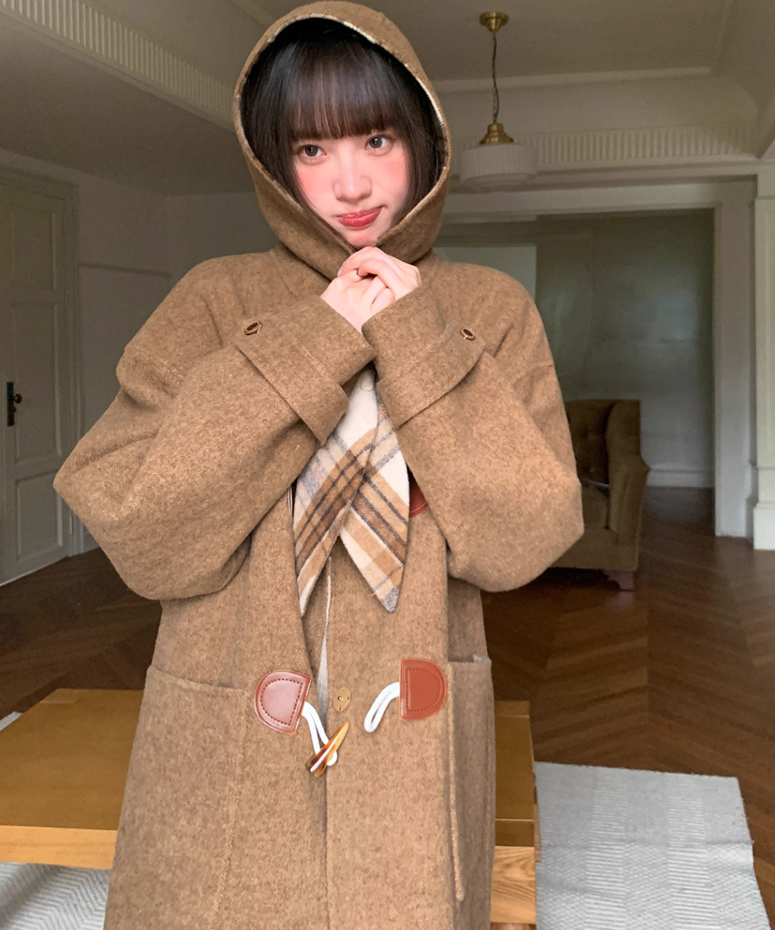 無地×チェックリバーシブルダッフルコート