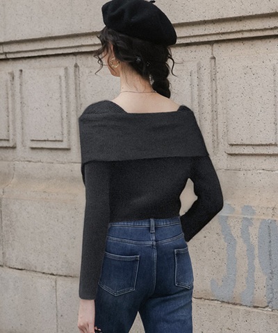 オフショルダービッグリボン風リブトップス