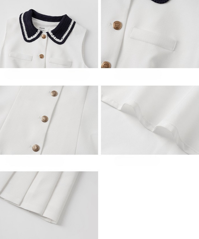 配色ニット襟ボックスプリーツノースリーブワンピース