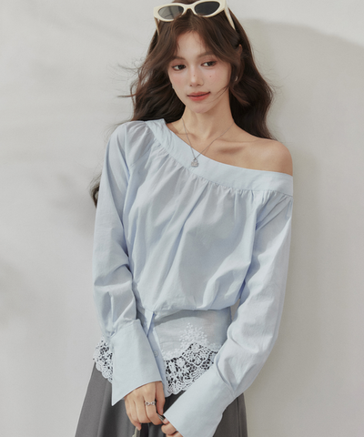 ワンショルレース切替シャーリングブラウス