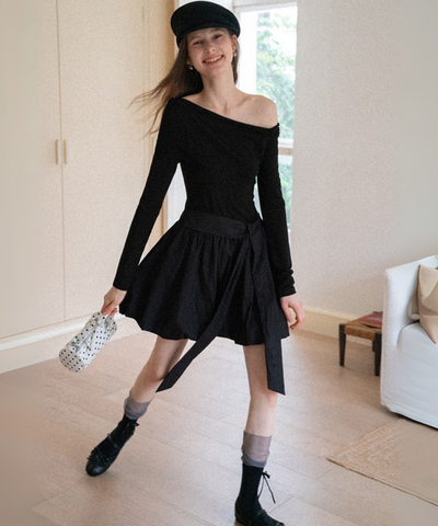 アシンメトリーネックバルーンスカートミニワンピース