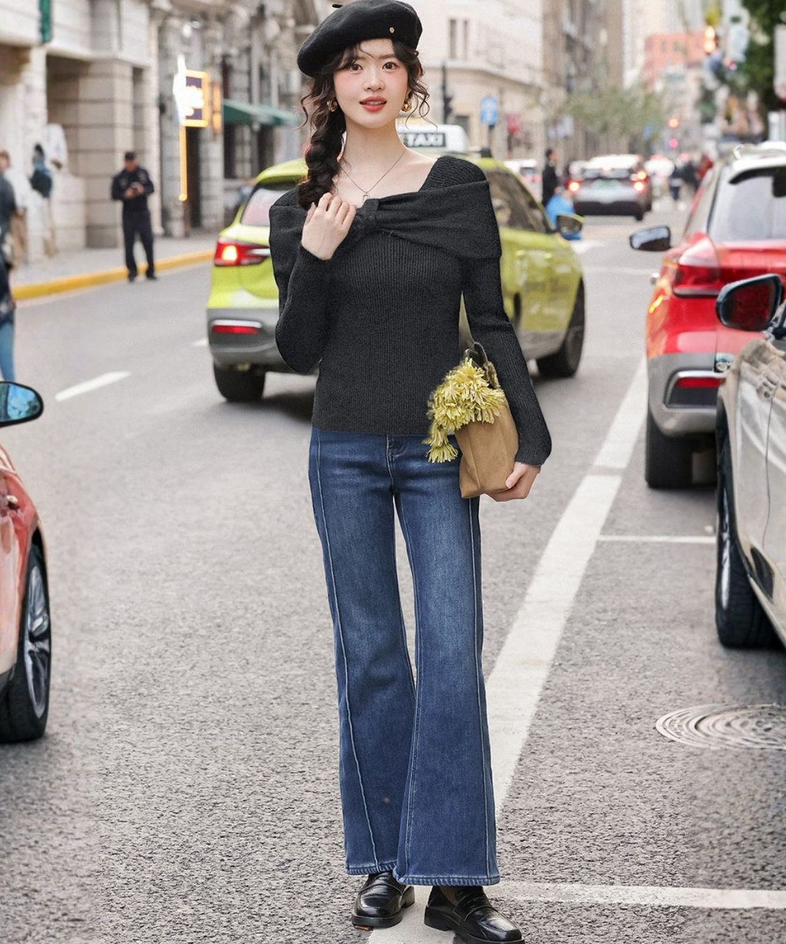 オフショルダービッグリボン風リブトップス