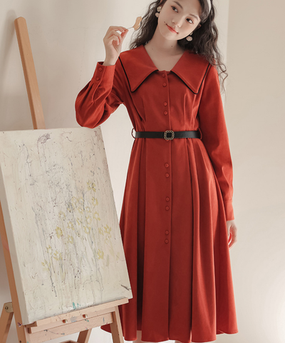 配色セーラーカラーフロントボタンフレアワンピース