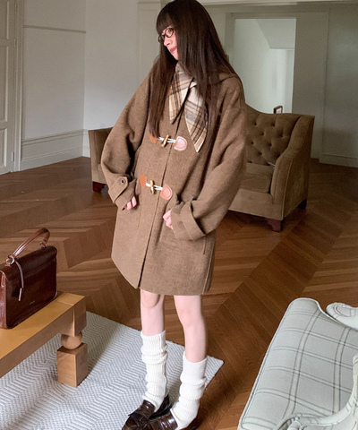 無地×チェックリバーシブルダッフルコート