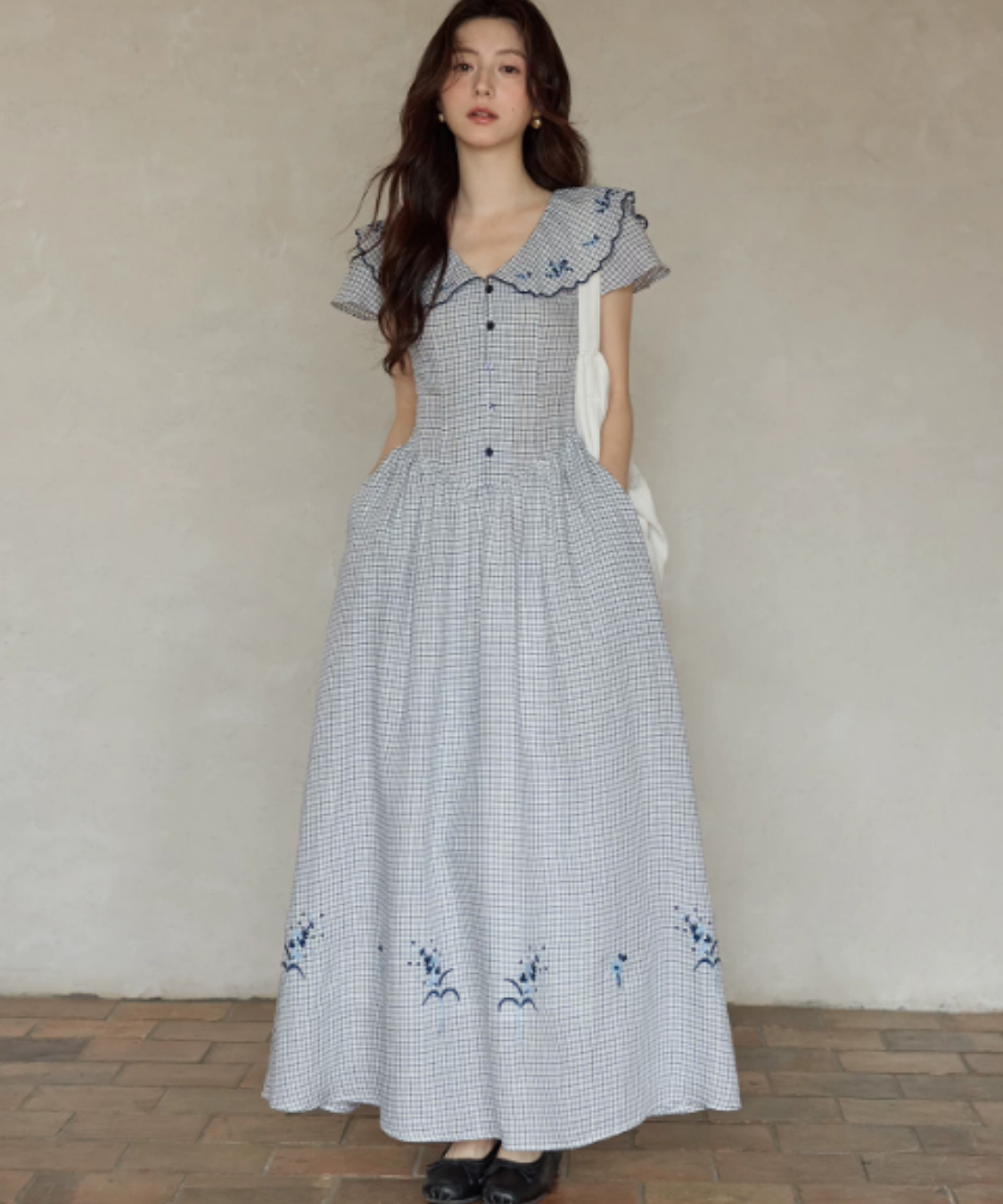 ビッグカラーフラワー刺繍チェック柄ワンピース – jemiremi（ジェミレミ）