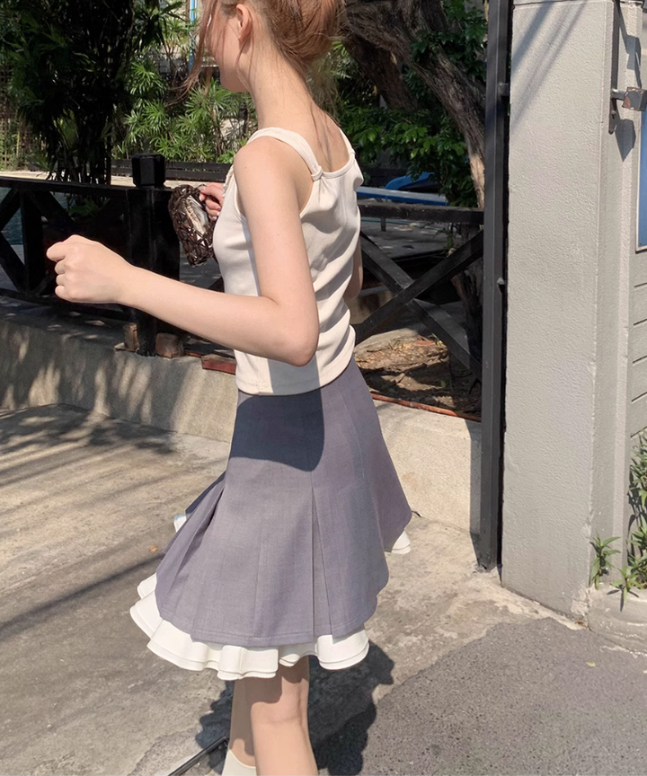 パフスリーブガーリーショートトップス+レイヤードスカート