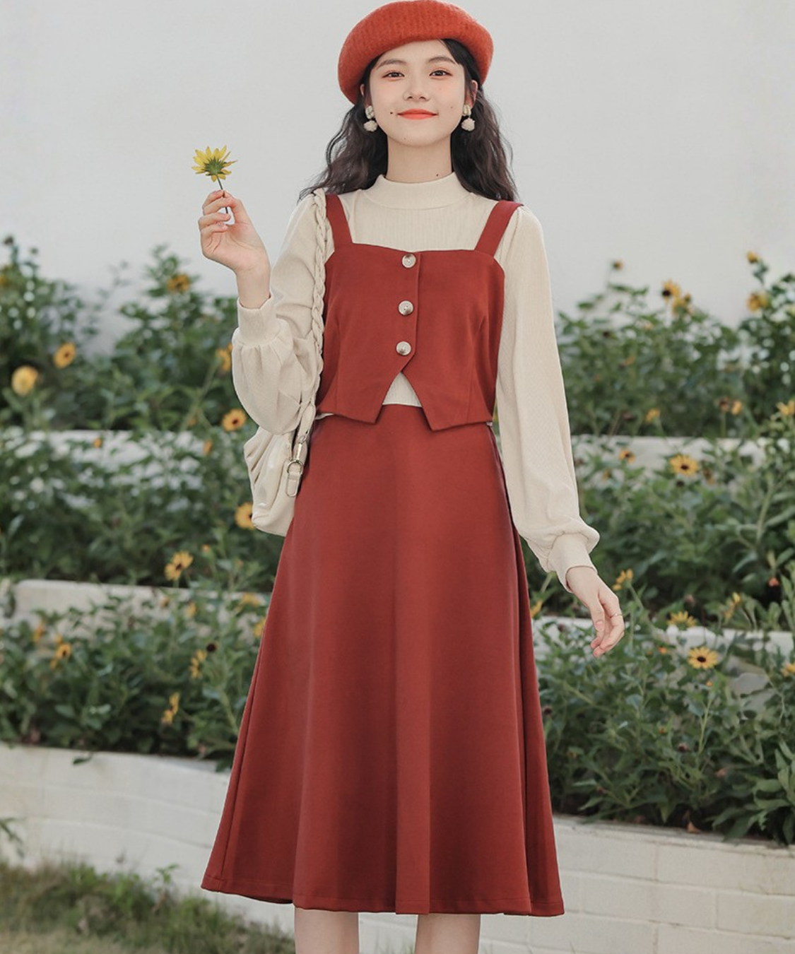 肩紐付きビスチェ風フェイクレイヤードワンピース