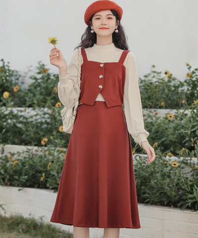 肩紐付きビスチェ風フェイクレイヤードワンピース