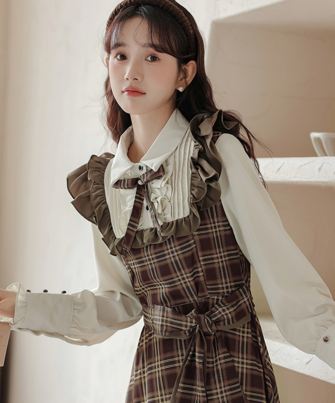 ピンタックブラウスドッキングチェック柄ワンピース