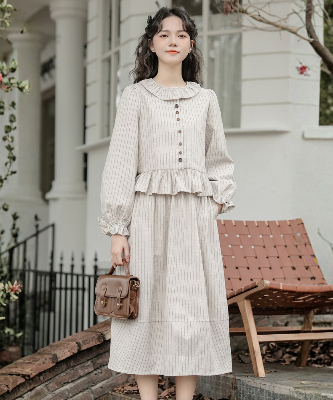 フリル襟ペプラムブラウス＋ストライプフレアスカート 2点セット