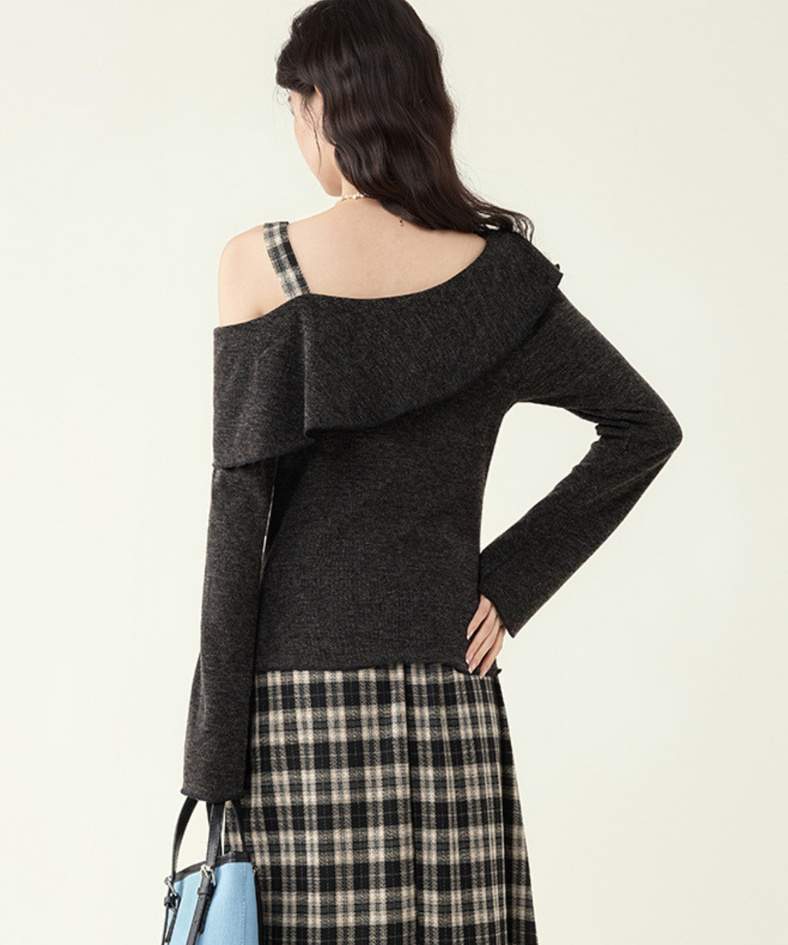 アシンメトリーボートネックトップス＋チェックフレアスカート 2点セット