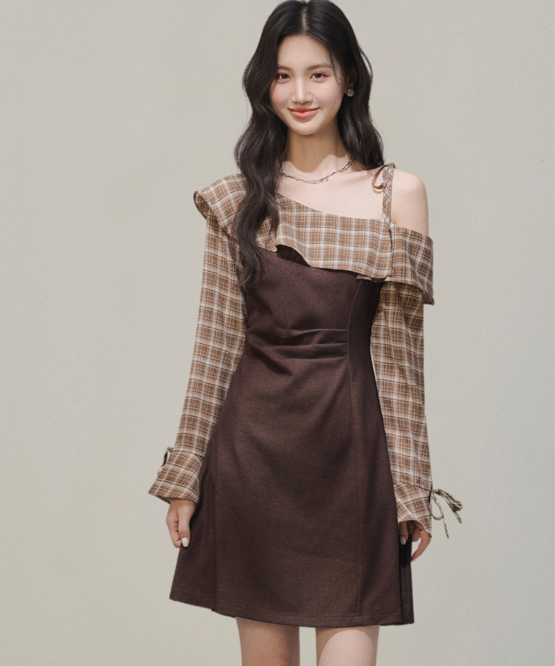 ワンショルダーチェック柄フリルワンピース