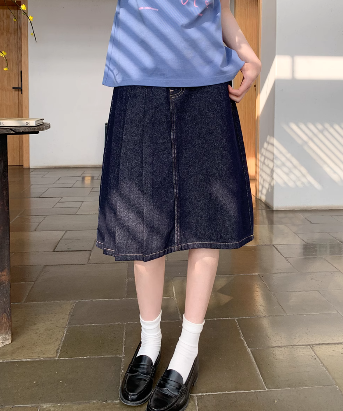 アシンメトリープリーツデニムスカート