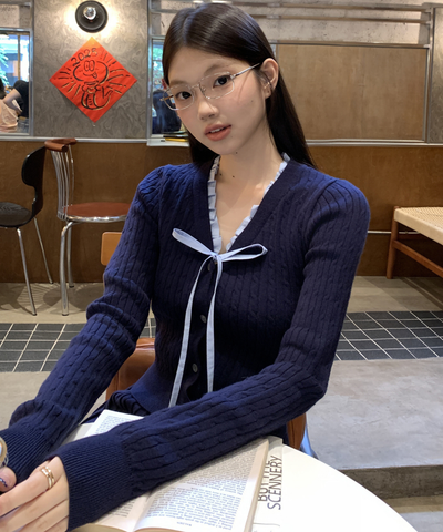 配色リボンVネックリブニット＋プリーツミニスカート 2点セット