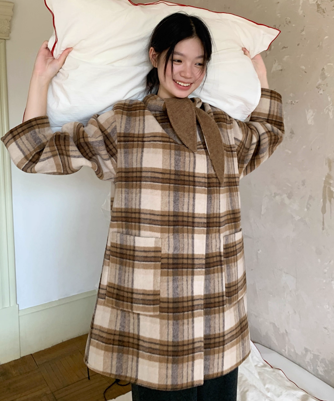 無地×チェックリバーシブルダッフルコート