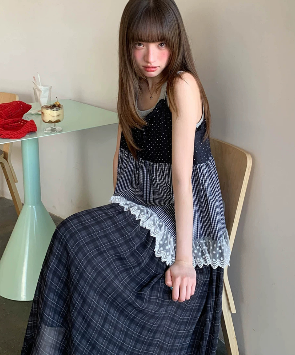 ドット×チェック柄切り替えロングキャミワンピース – jemiremi
