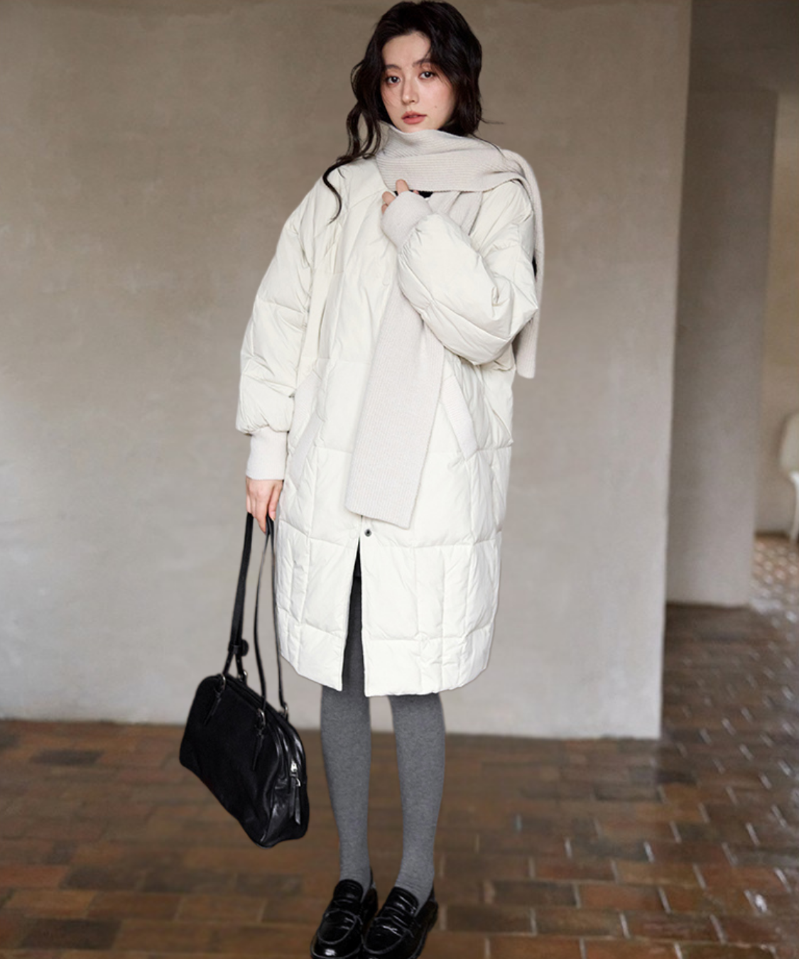 ニットマフラー付きノーカラー中綿コート – jemiremi（ジェミレミ）