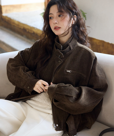 スタンドカラーベルト付きショートジャケット