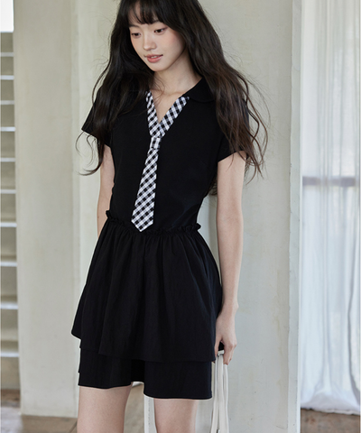 ギンガムチェックフェイクネクタイ付きティアードワンピース